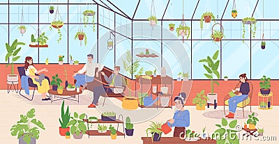 People at home greenhouse. Friends carefree time at hygge home garden, woman relax interior florist cafe sprout plant Cartoon Illustration