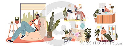 People at home using gadget: smartphones, digital tablets and laptop computer for relax or work Vector Illustration