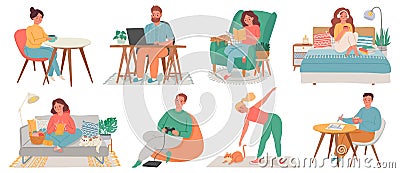 People at homes. Men and women relax, work, do exercise and hobby in room interiors. Quarantine characters, stay at home Vector Illustration