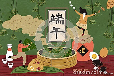 People with hot steamed zongzi Vector Illustration