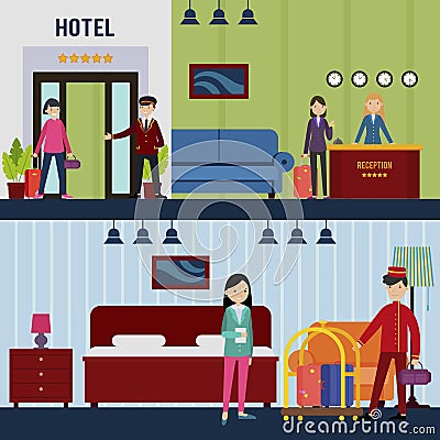 People In Hotel Horizontal Banners Vector Illustration