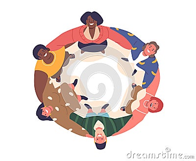 People Hugging Top View. Group Of Characters Forms A Tight Circle, Embracing One Another Vector Illustration Vector Illustration