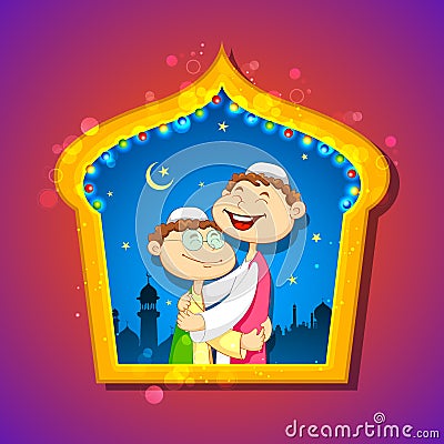 People hugging and wishing Eid Mubarak Vector Illustration