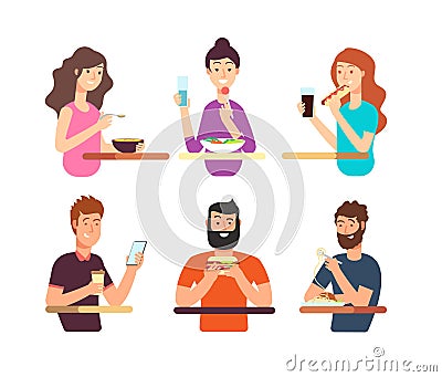 People, hungry persons eating different foods. Cartoon characters eat vector set isolated on white background Vector Illustration