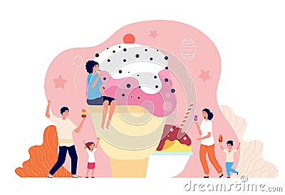 People with ice cream. Family eating dessert, summer cold sweet. Children adults delicious food, utter cartoon creamy Cartoon Illustration