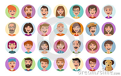 People icons set. Avatar profile, diverse faces, social network, chat symbol. Cartoon vector illustration flat style Vector Illustration