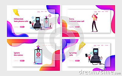 People Ignoring Incoming Call Landing Page Template Set. Tiny Male Characters Destroying Huge Calling Telephone, Ignore Vector Illustration