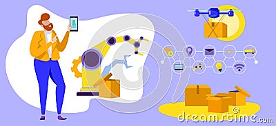 Man Control System Loading Cargo Using Phone. Vector Illustration