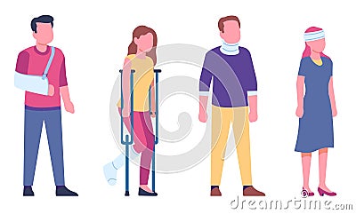 People with injuries, fractures, dislocations. Disabled male or female characters. Orthopedic treatment. Patients Vector Illustration