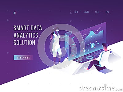 People interacting with charts and analysing statistics. Vurtual augmented reality. Customer tracking software. Data Vector Illustration