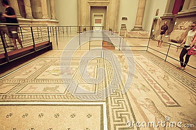 People interested in artifact floor of private house of Miletus with Roman style mosaic Editorial Stock Photo