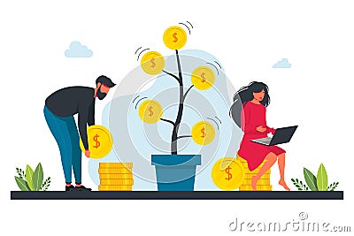 People invest in stock market, income money, rising. Young man and woman with money. Two characters holding huge coin Vector Illustration