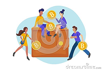 People investing gold coins in bitcoin wallet, flat minimalist styling. Vector illustration of earning and saving money. Vector Illustration
