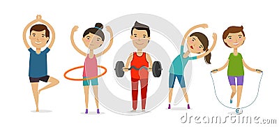 People involved in sports. Fitness, gym, healthy lifestyle concept. Cartoon vector illustration Vector Illustration