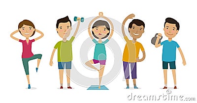 People involved in sports. Fitness, gym, healthy lifestyle concept. Funny cartoon vector illustration Vector Illustration