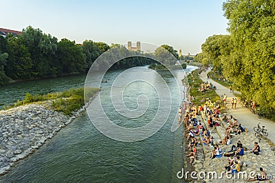 People on Isar river, Munich, Germany Editorial Stock Photo