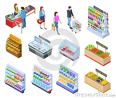 People isometric store. Shopping grocery market customer supermarket products, persons in retail shop buying food 3d Vector Illustration