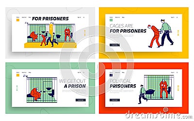 People in Jail Website Landing Page Set. Man Officer Bringing New Prisoner to Prison. Life in Jailhouse Vector Illustration