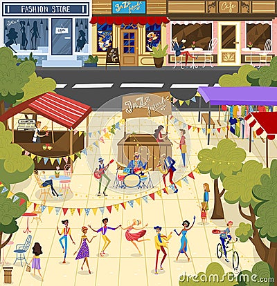 People on jazz festival vector illustration, cartoon flat man woman dancer character dancing, performer musician band Vector Illustration