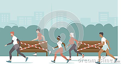 People jogging and keeping social distance in the park on coronavirus COVID-19 outbreak quarantine Vector Illustration