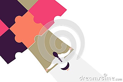 Top view of a person joining the puzzle pieces together Vector Illustration