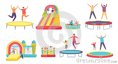 People jump on trampoline. Happy adults, kids and family bounce on trampolines, inflatable house and slide. Active Vector Illustration