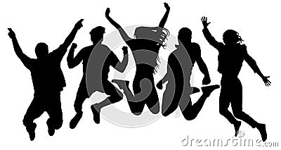 People jump vector silhouette. Jumping friends youth background. Crowd people, close to each other. Cheerful man and woman Vector Illustration