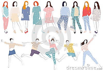 people jumping, women doodle sketch, outline, isolated Vector Illustration