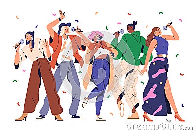 People at karaoke party. Amateurs singers singing songs, holding microphones. Young happy men, women at live music Cartoon Illustration