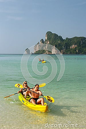 People kayaking at Ao Loh Dalum beach on Phi Phi Don Island, Krabi Province, Thailand Editorial Stock Photo