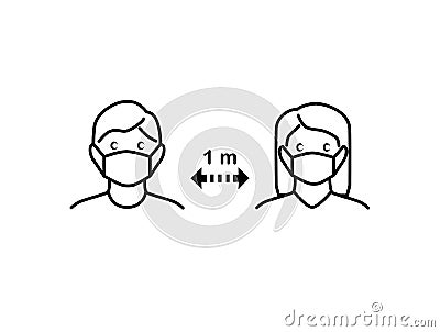 People Keep Safe Distance 1 meter.Man and woman wearing a protective medical mask for prevent corona virus.New normal Concept. Vector Illustration