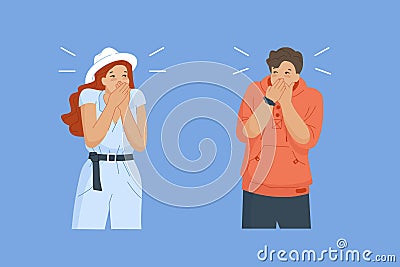 People keep secret. Couple hand shutting their mouth, be quiet concept lady keeping silent, shy calm friends not rumor Vector Illustration
