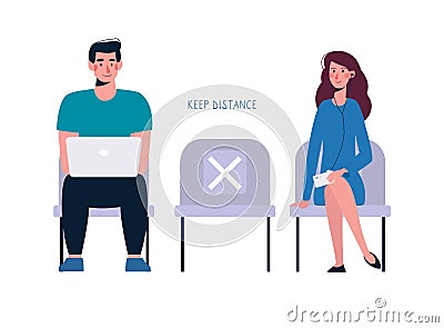 People keep their distance, sit in line. A socially safe distance between a man and a woman on the bench, so as not to Vector Illustration