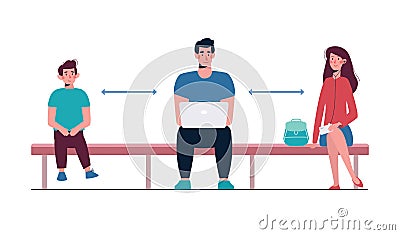 People keep their distance. A socially safe distance between a man and a woman and a boy on a bench so as not to spread Vector Illustration