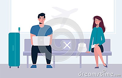 People keep their distance in the waiting room. A socially safe distance between a man and a woman on the bench so as Vector Illustration