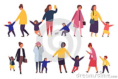 People with kids. Busy parents with naughty children. Vector illustration. Vector Illustration