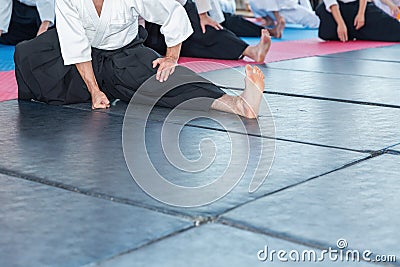 People in kimono on aikido training seminar Stock Photo