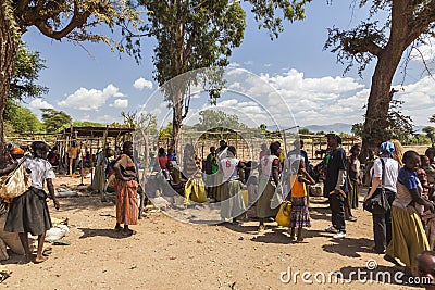 People from Konso tribal area at local village market. Omo Valley. Ethiopia Editorial Stock Photo