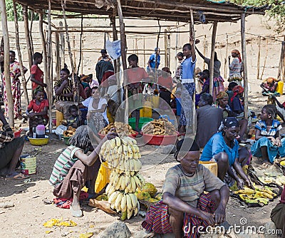 People from Konso tribal area at local village market. Omo Valley. Ethiopia Editorial Stock Photo