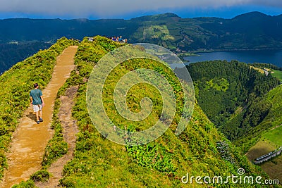 People at the Lake of Sete Cidades Editorial Stock Photo