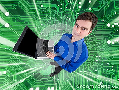 People with laptop on electronic green background Stock Photo
