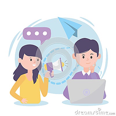 People with laptop speech news promotion leadership social network Vector Illustration