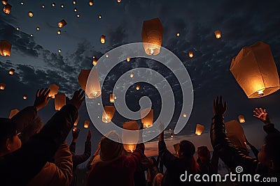 People launching asian sky lanterns during Lanterns festival. Generative AI Stock Photo