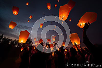 People launching asian sky lanterns. Thailand's unforgettable tradition. Generative AI Stock Photo