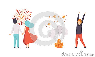 People Launching Fireworks Set, Happy People Celebrating Holidays and Enjoying Fireworks Show Flat Vector Illustration Vector Illustration