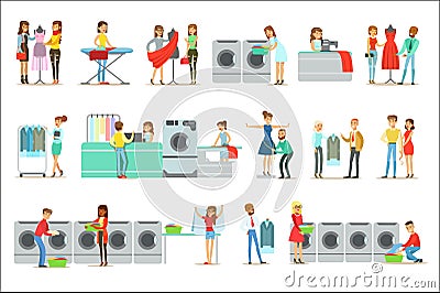 People At The Laundry, Dry Cleaning And Tailoring Service Set Of Smiling Cartoon Characters Vector Illustration