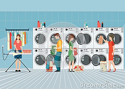 People in laundry room with row of industrial washing machines Vector Illustration