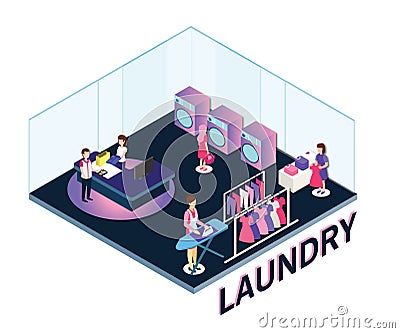 People in a Laundry working around Isometric Artwork Vector Illustration