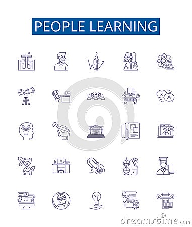 People learning line icons signs set. Design collection of Studying, Educating, Instructing, Training, Tutoring Vector Illustration