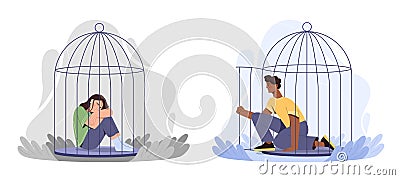 People leaving birdcage set Vector Illustration